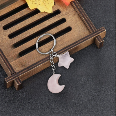 Porte cle lune et etoile quartz rose